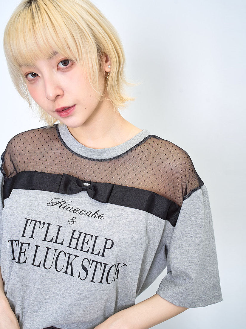 Lace Patch Yoke Ribbon Bow Trim Tee (2 Colours)