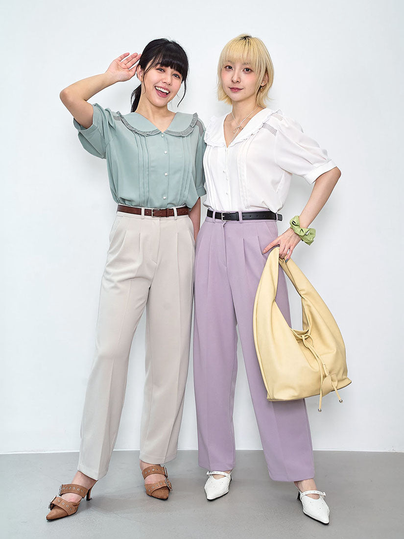 Pointelle Knit Trim Tuck Front Blouse (2 Colours)