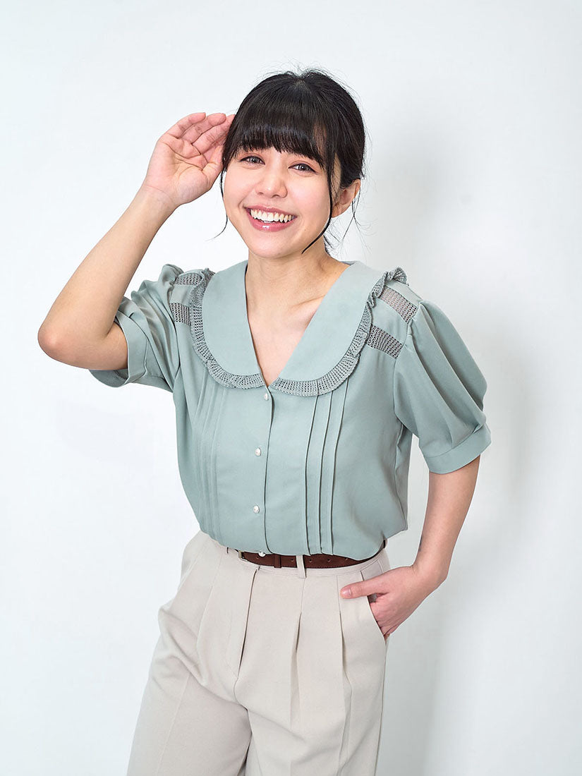 Pointelle Knit Trim Tuck Front Blouse (2 Colours)