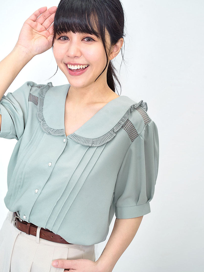 Pointelle Knit Trim Tuck Front Blouse (2 Colours)