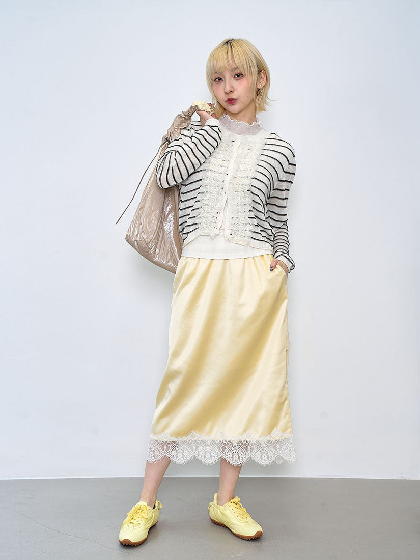 Ruffle Lace Trim Texture Striped Cardigan (2 Colours)