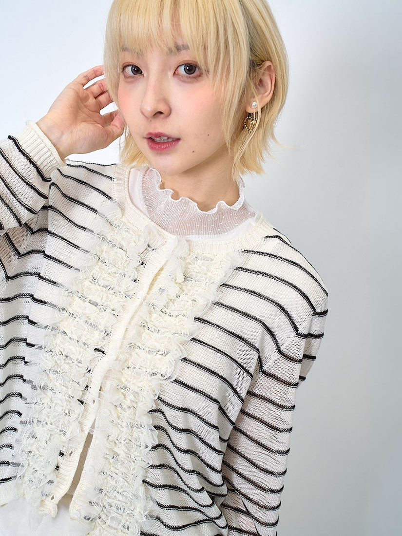 Ruffle Lace Trim Texture Striped Cardigan (2 Colours)