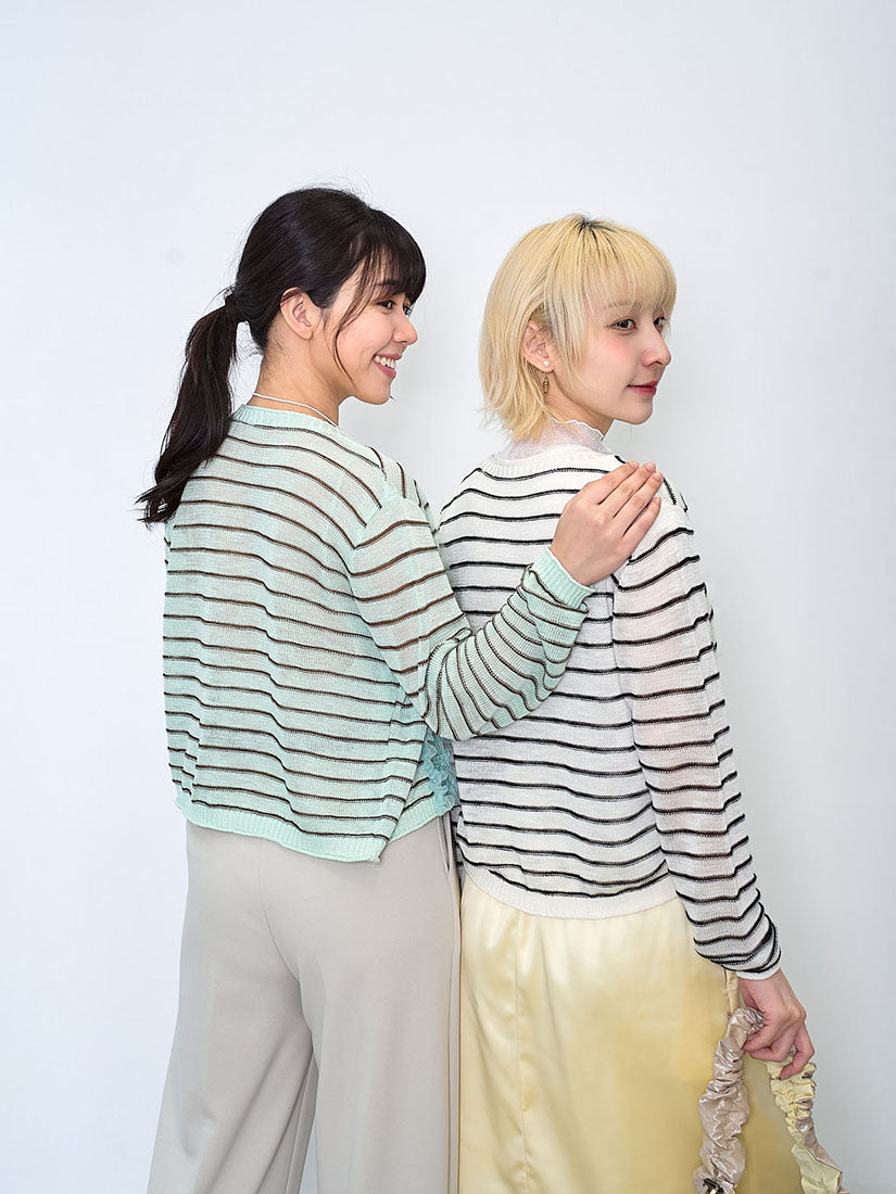 Ruffle Lace Trim Texture Striped Cardigan (2 Colours)