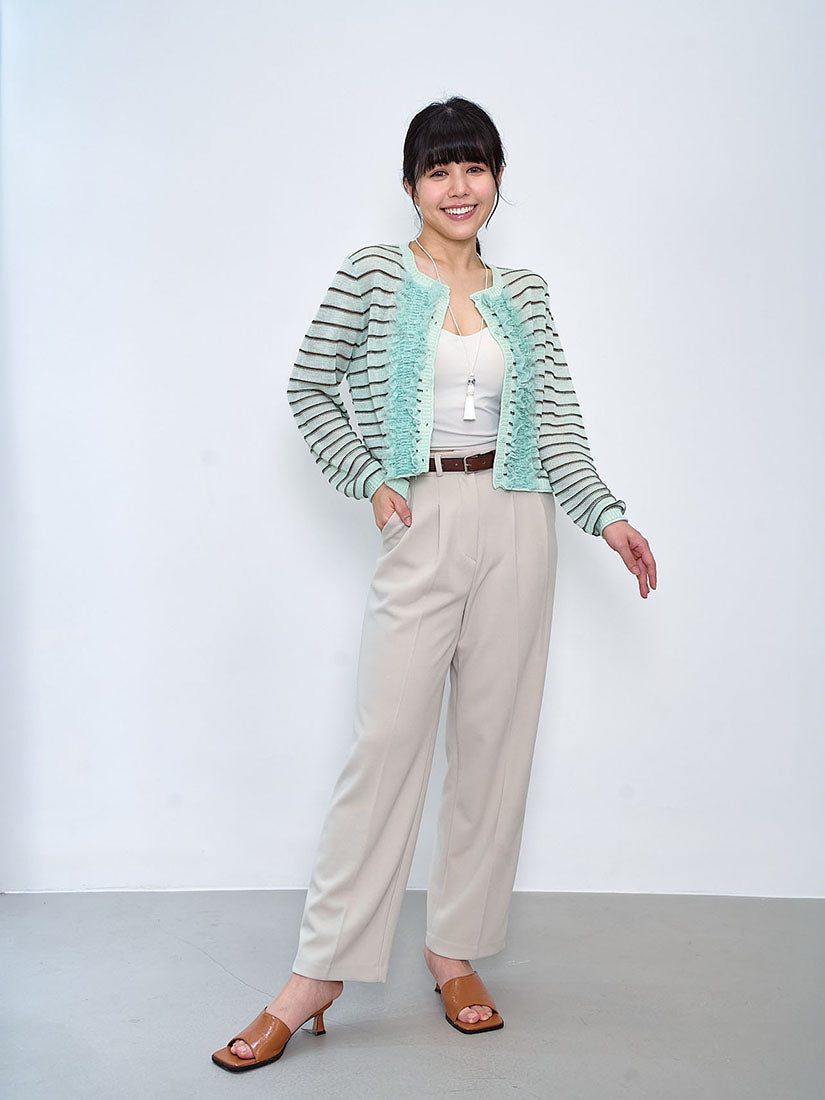 Ruffle Lace Trim Texture Striped Cardigan (2 Colours)