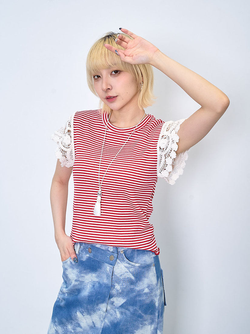 Crochet Cape Sleeve Striped Rib Top (2 Colours)