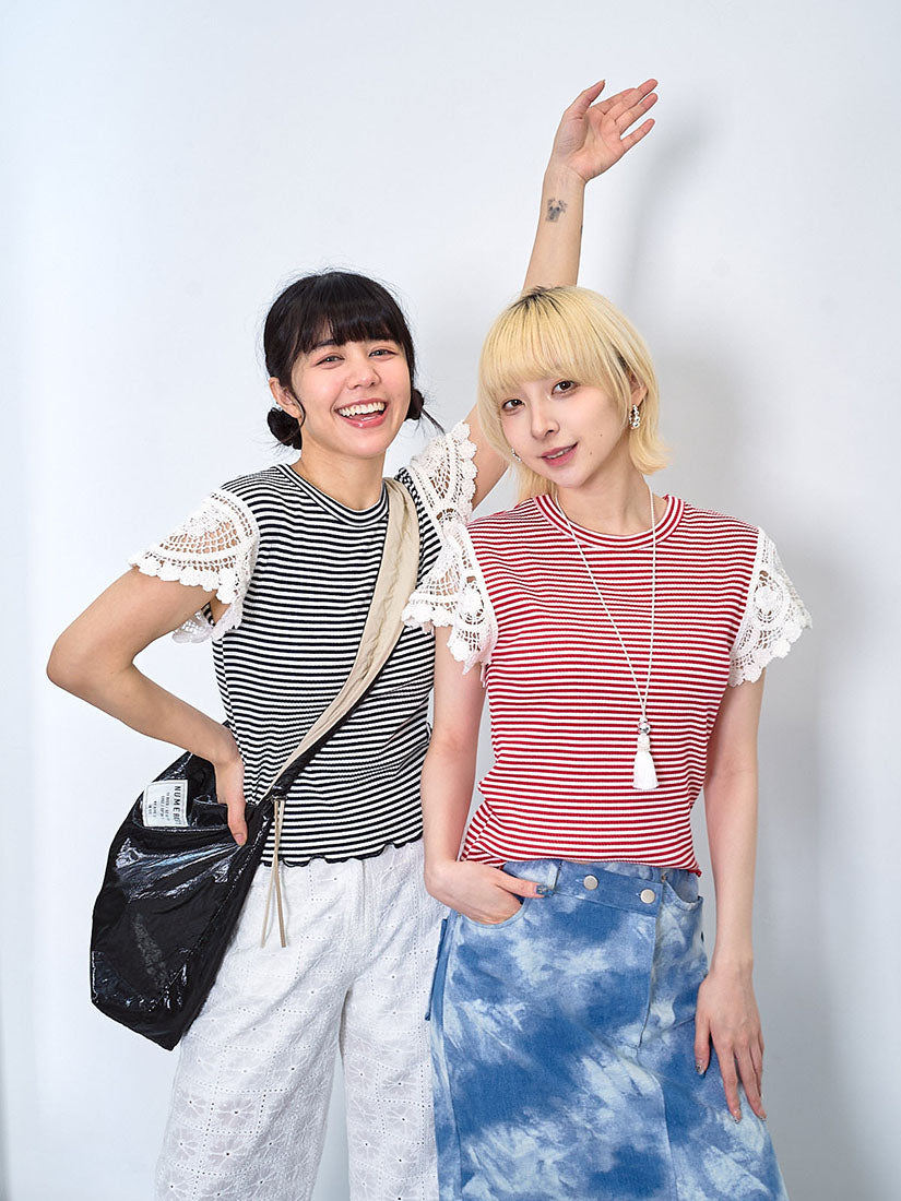 Crochet Cape Sleeve Striped Rib Top (2 Colours)