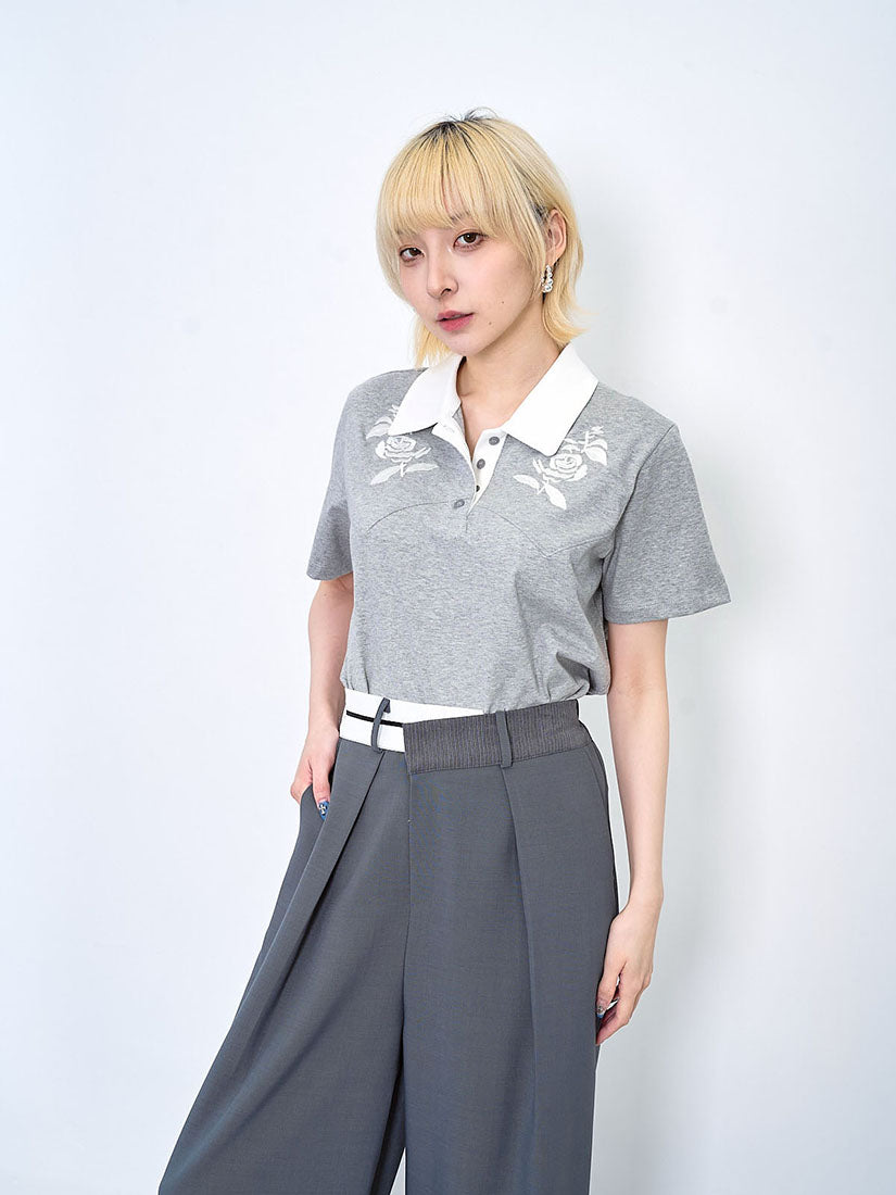 Rose Embroidered Polo Neck Tee (2 Colours)
