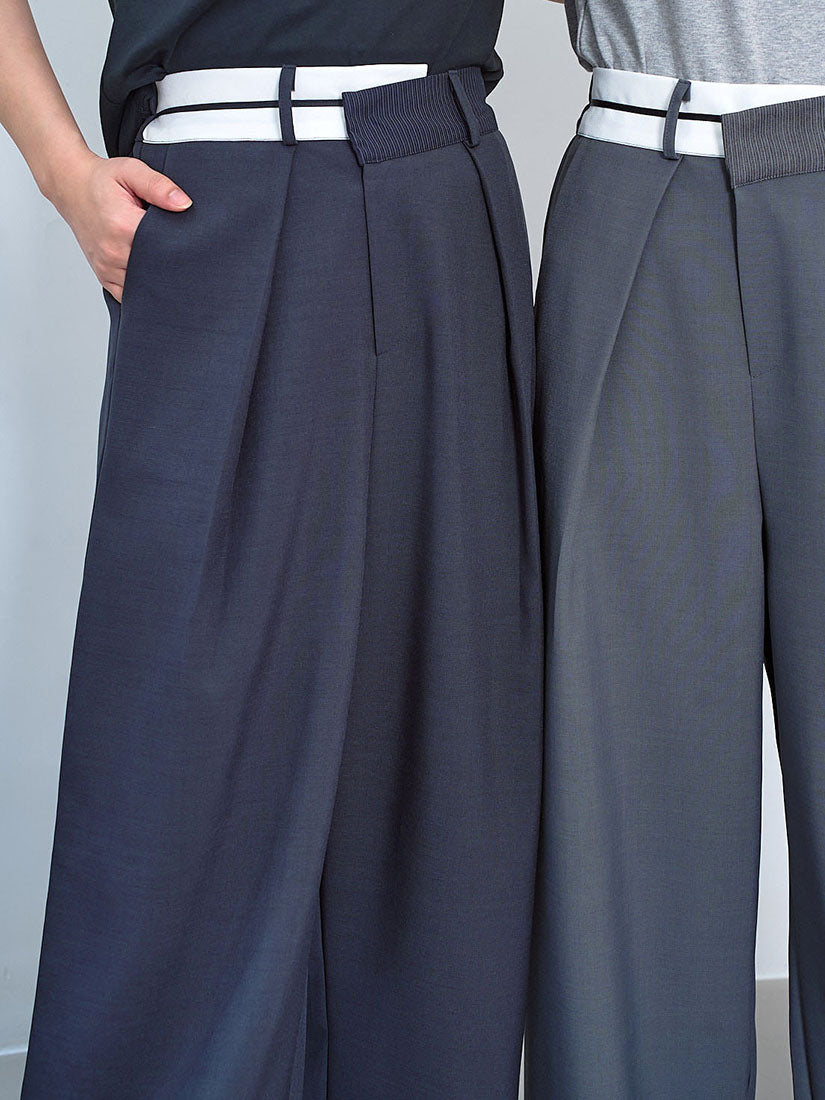 Contrast Wrap Waist Wide Leg Suit Pants (2 Colours)