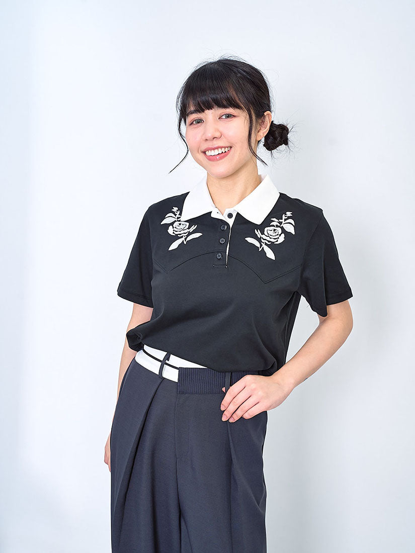 Rose Embroidered Polo Neck Tee (2 Colours)