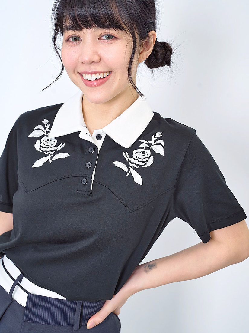 Rose Embroidered Polo Neck Tee (2 Colours)
