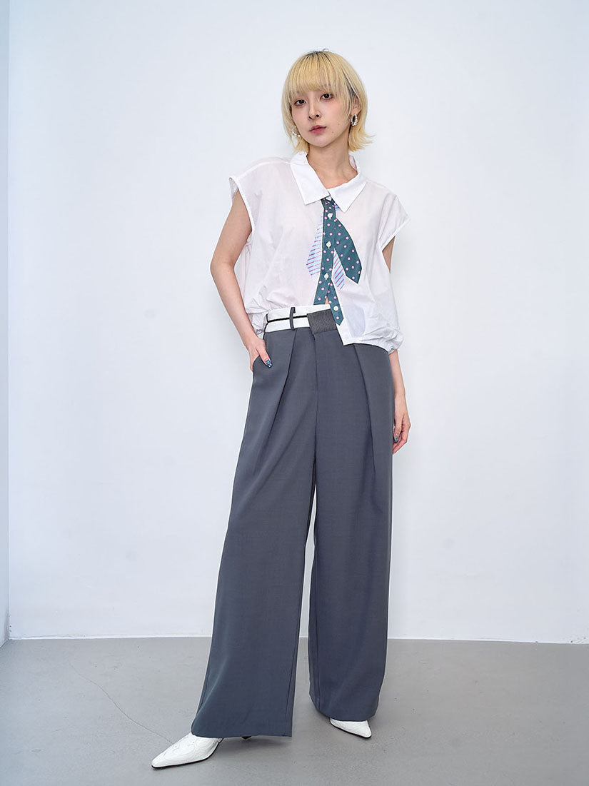 Contrast Wrap Waist Wide Leg Suit Pants (2 Colours)