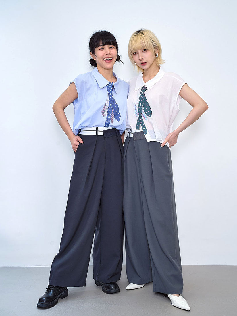 Contrast Wrap Waist Wide Leg Suit Pants (2 Colours)