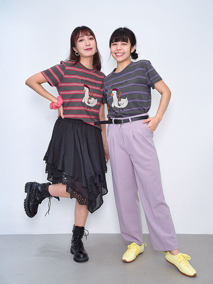 Artistic Goose Embroidered Striped Tee (2 Colours)
