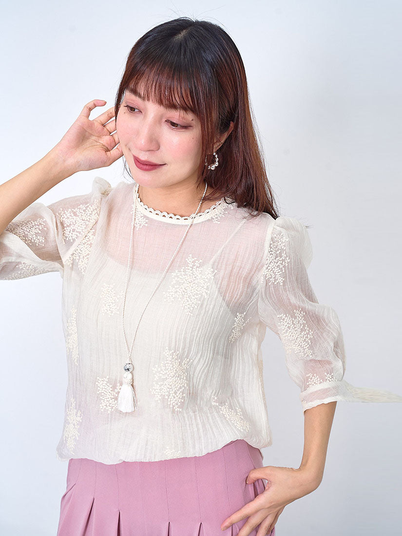Semi-Sheer Embroidered Wrinkle Top
