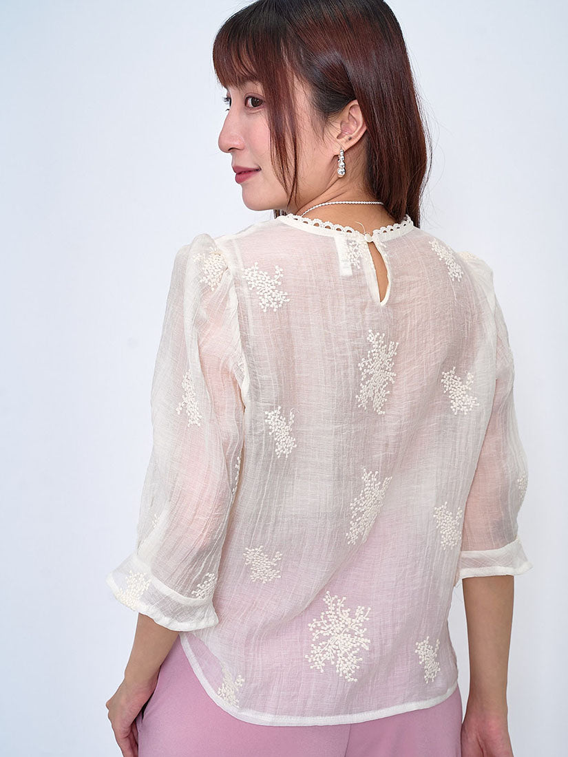 Semi-Sheer Embroidered Wrinkle Top