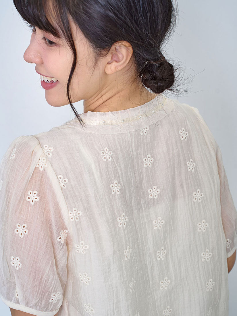 Pearl Neck Floral Embroidered Button Up Top