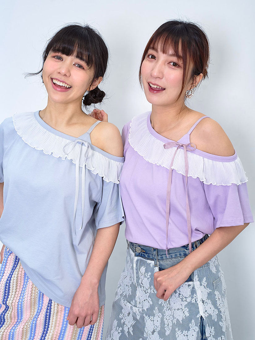 Single Shoulder Pleated Ruffle Trim Top (2 Colours)