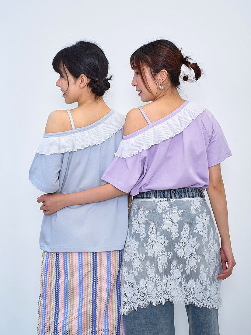 Single Shoulder Pleated Ruffle Trim Top (2 Colours)