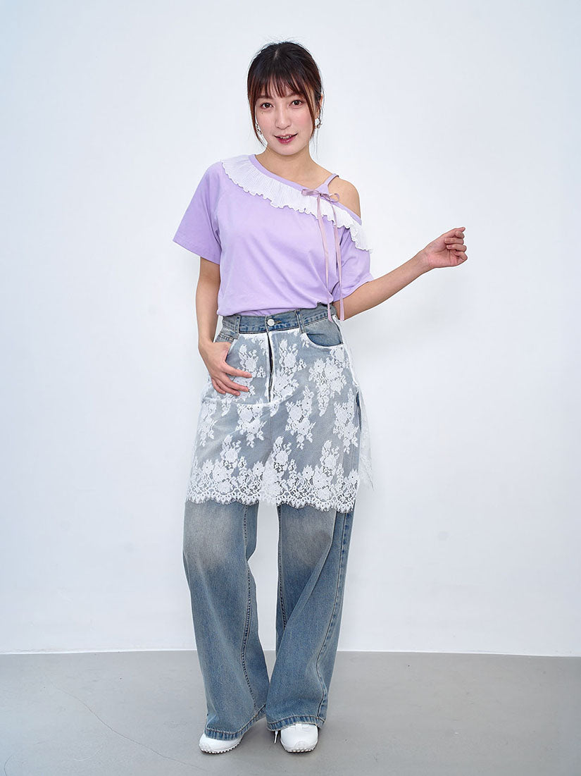 Single Shoulder Pleated Ruffle Trim Top (2 Colours)