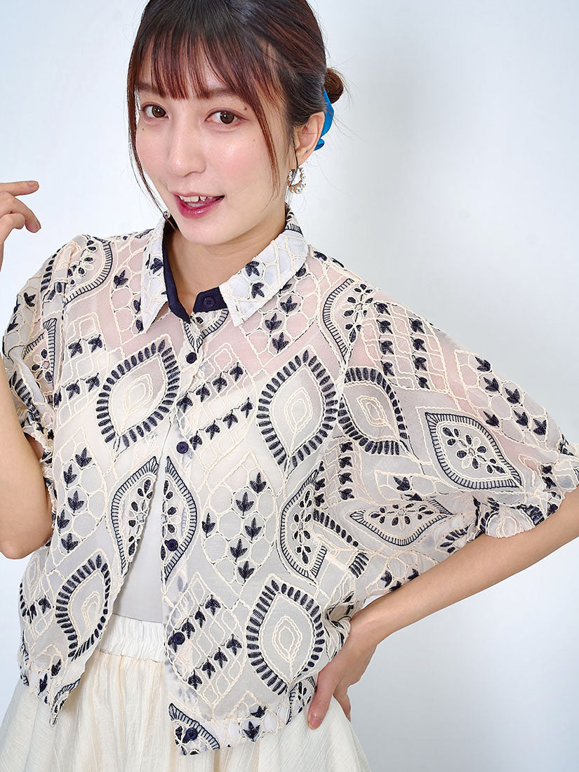 Rope Embroidered Batwing Sleeve Shirt (2 Colours)