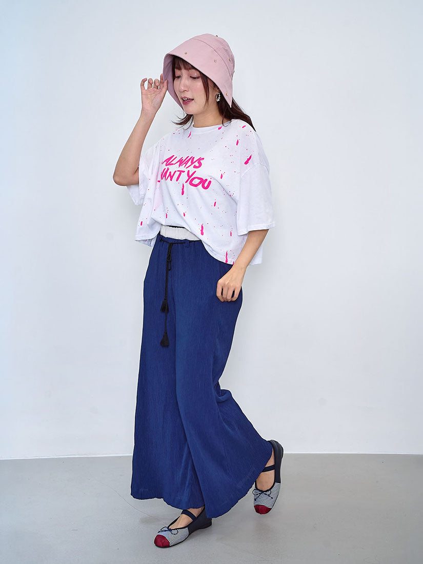 Contrast Waist Wrinkle Pants With Tassel Belt (2 Colours)