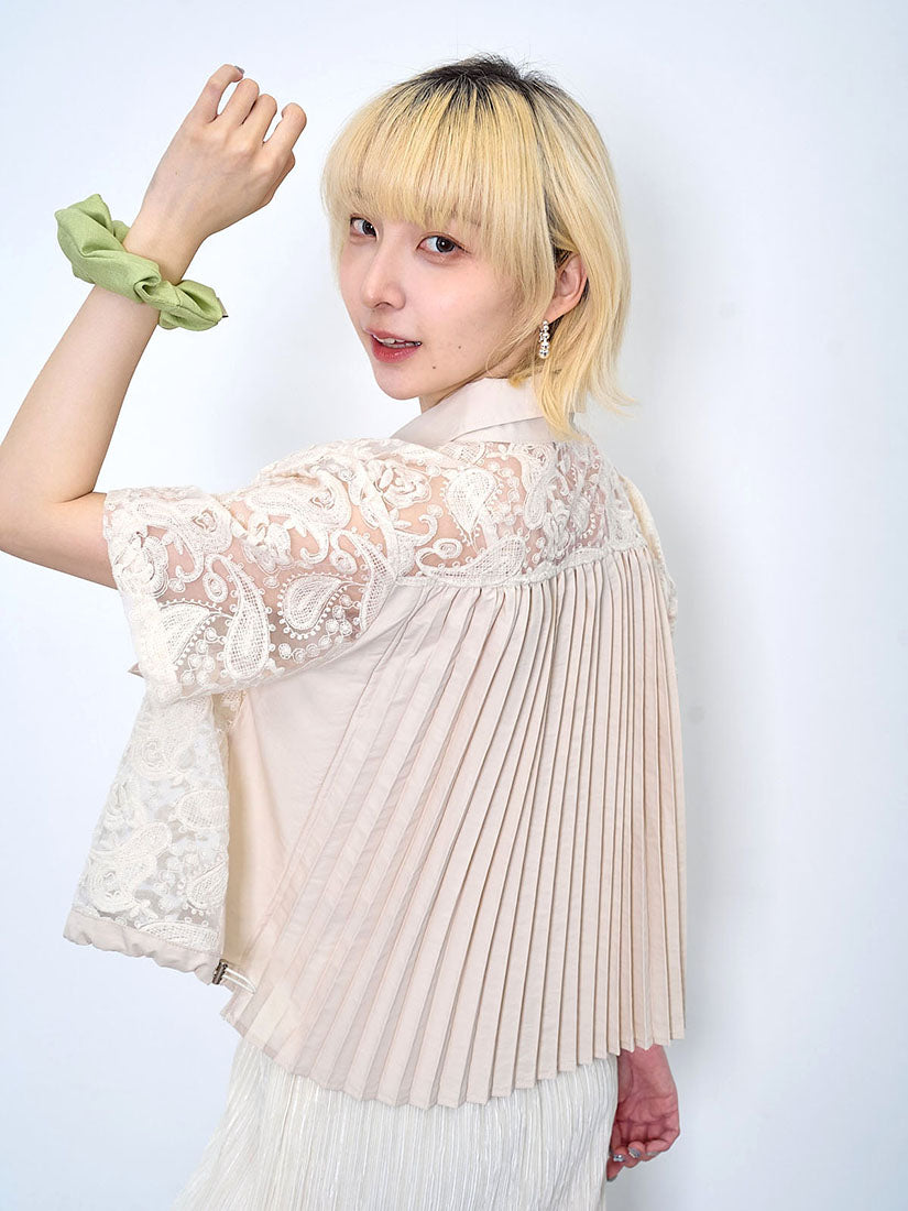 Pleated Back Panel Lace Embroidered Shirt (2 Colours)