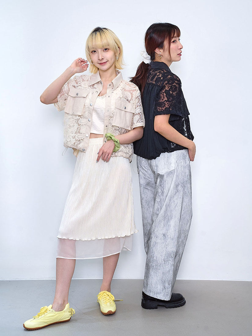 Pleated Back Panel Lace Embroidered Shirt (2 Colours)