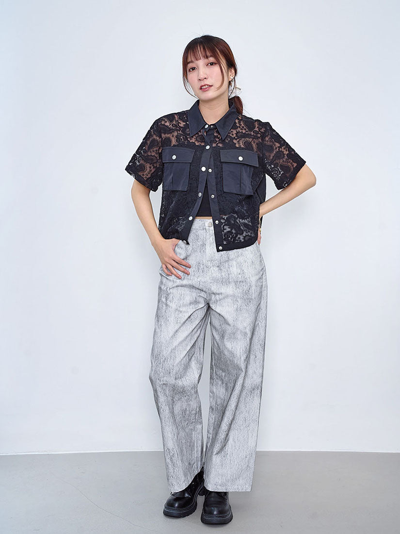 Pleated Back Panel Lace Embroidered Shirt (2 Colours)
