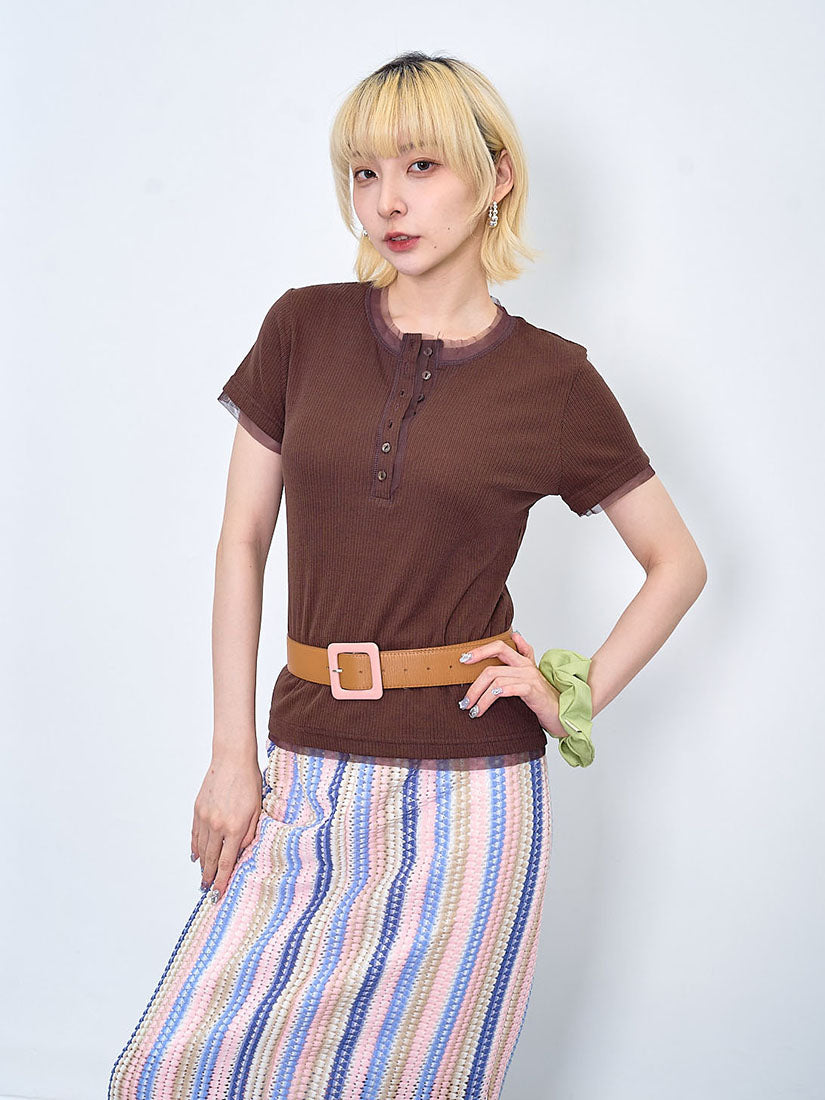 Mesh Trim Half Placket Knit Top (2 Colours)