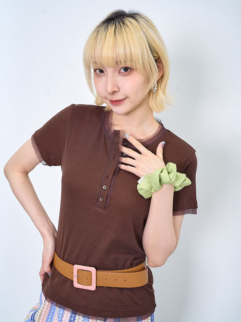 Mesh Trim Half Placket Knit Top (2 Colours)