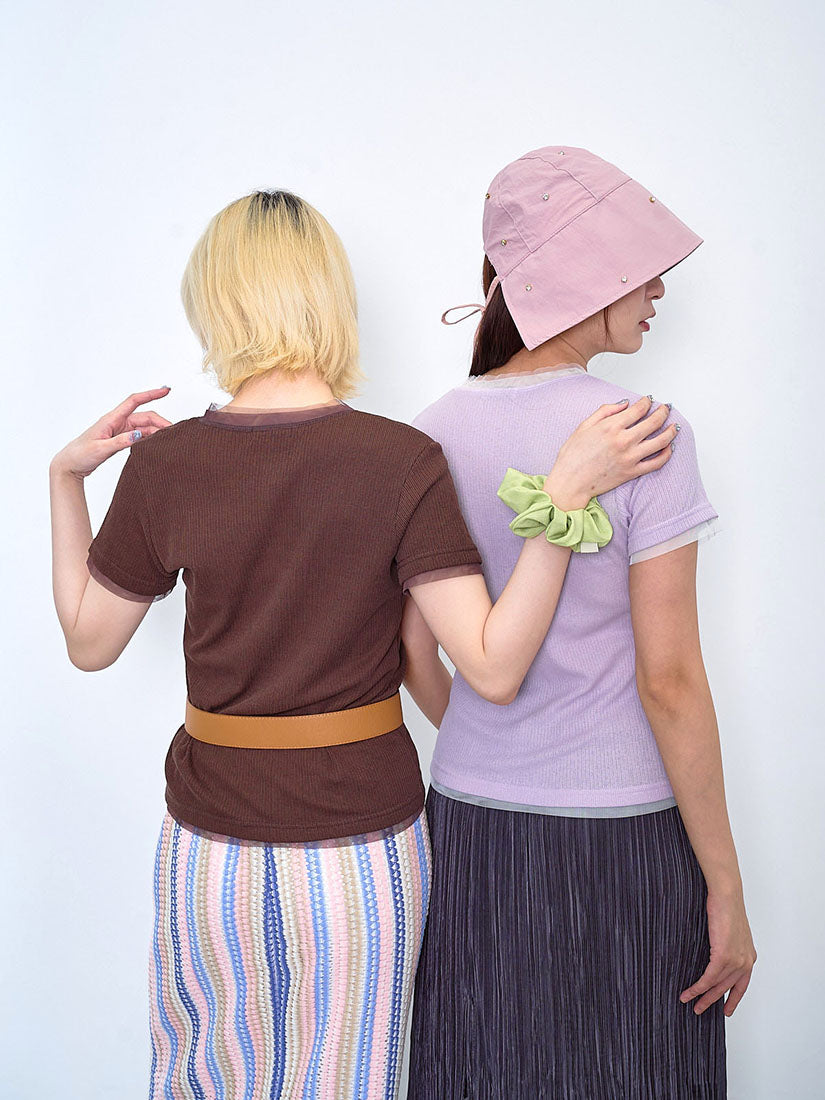 Mesh Trim Half Placket Knit Top (2 Colours)