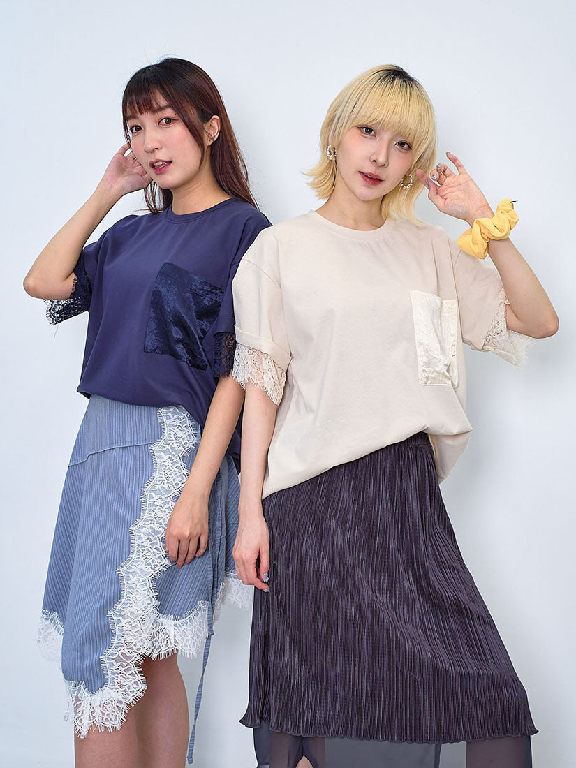 Satin Pocket Lace Underlay Sleeve Tee (2 Colours)