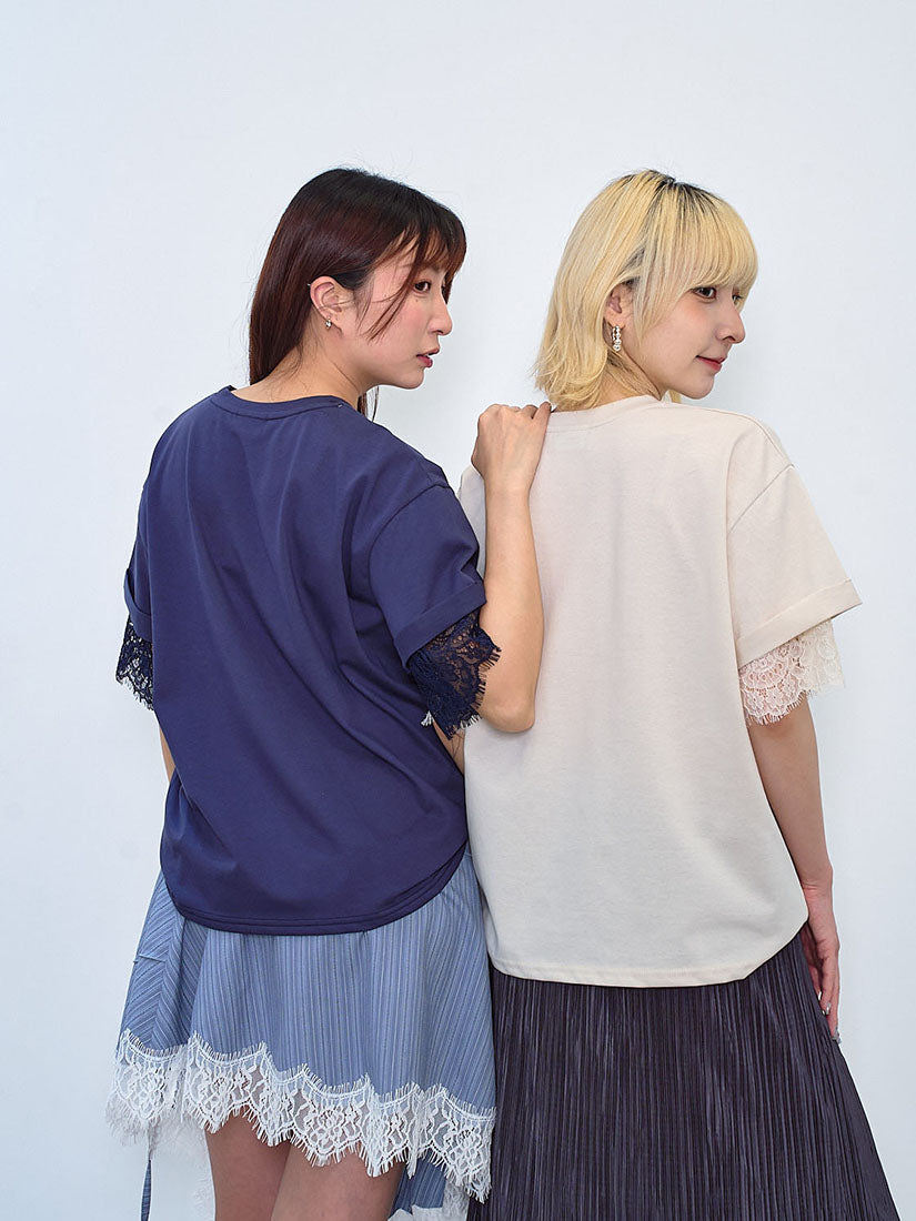 Satin Pocket Lace Underlay Sleeve Tee (2 Colours)