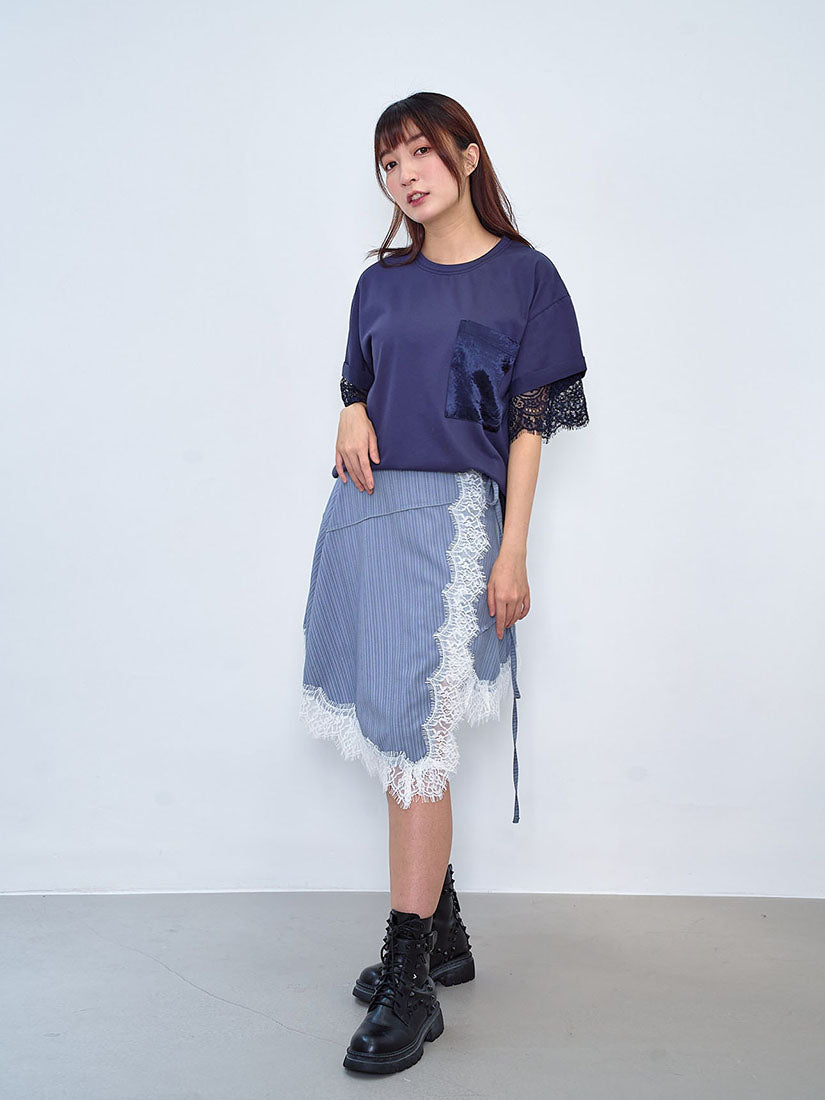 Satin Pocket Lace Underlay Sleeve Tee (2 Colours)
