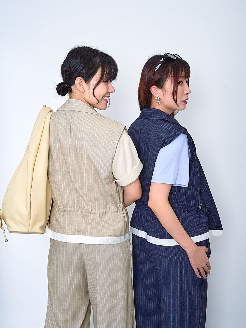 Striped Drawstring Waist Open Front Waistcoat (2 Colours)
