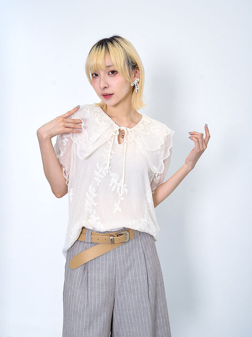 Organza Layered Collar Floral Embroidered Wrinkle Top