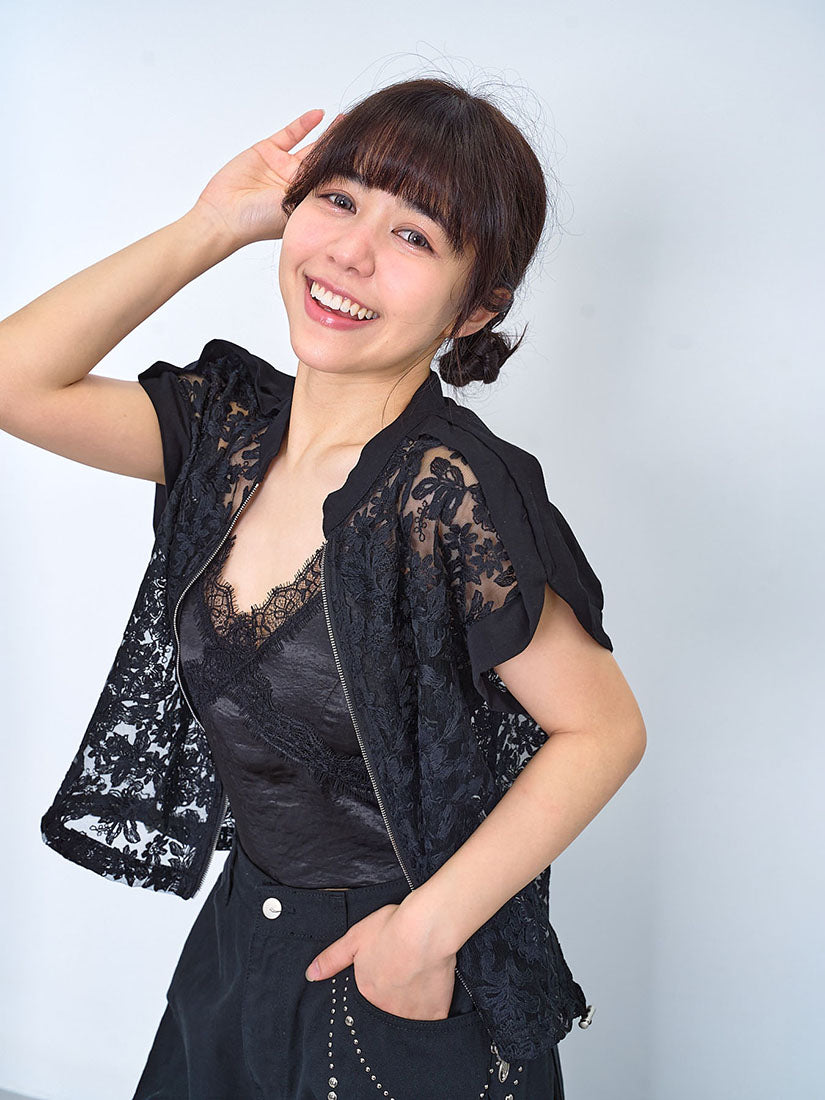 Drawstring Waist Lace Sleeveless Zip Up Jacket (2 Colours)