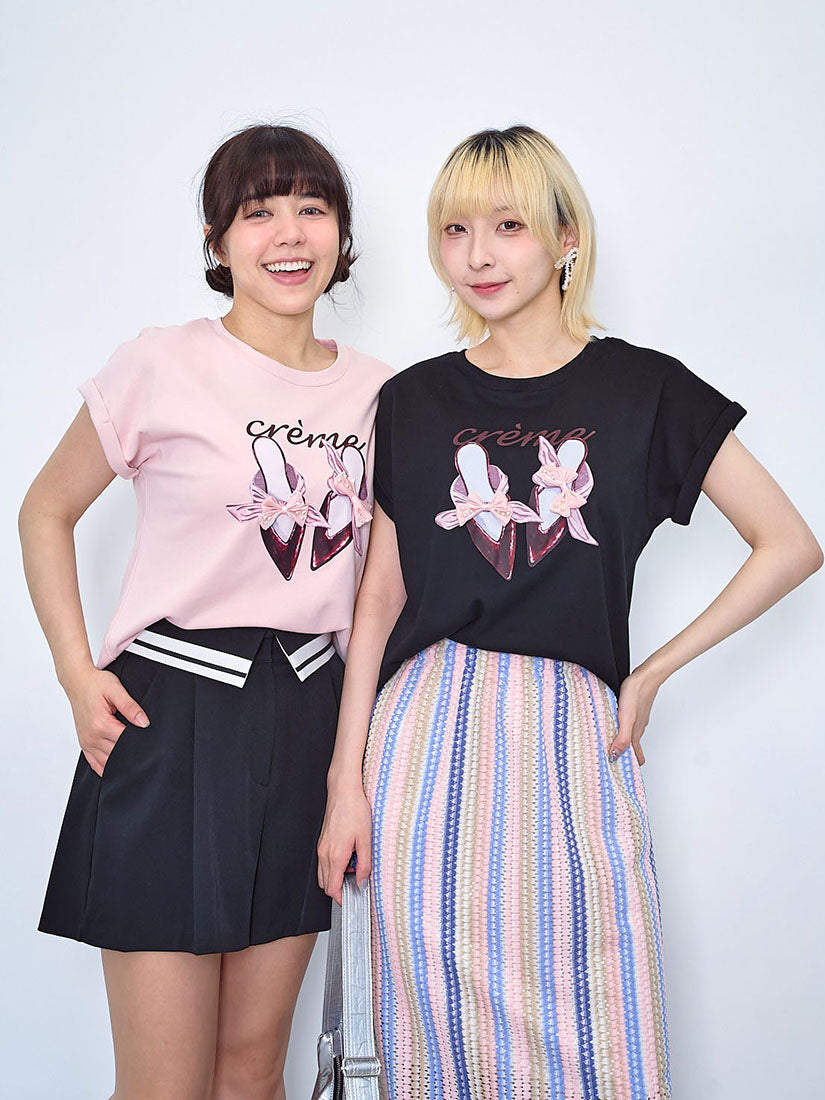 3D Ribbon Bow Mules Printed Tee (2 Colours)