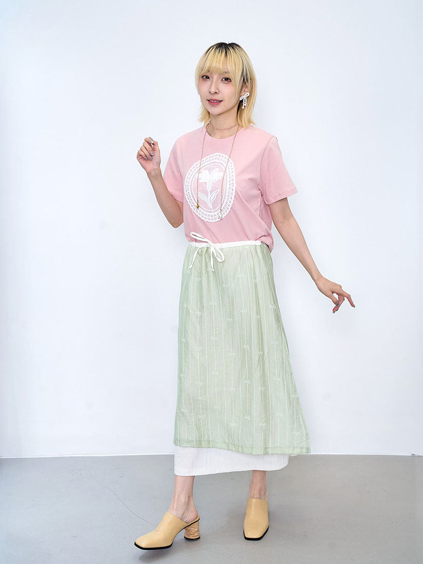 Drawstring Waist Bow Printed Layered Skirt (2 Colours)