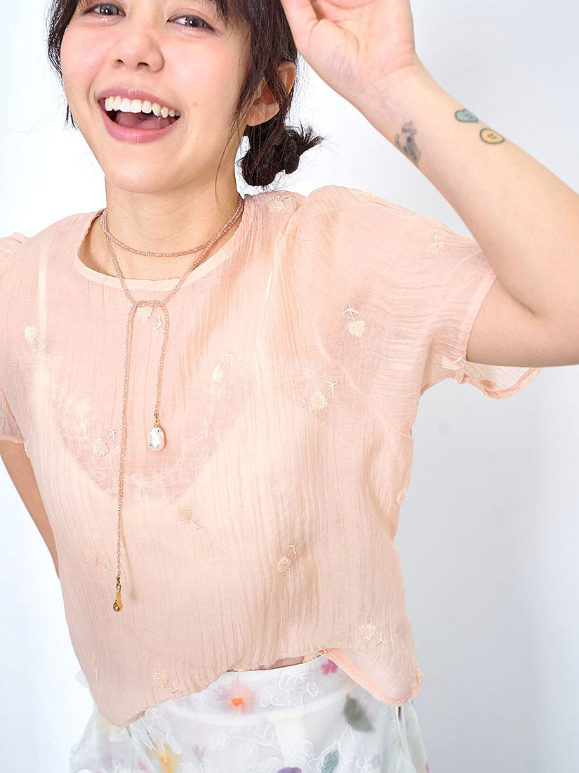 Flower Embroidered Wrinkle Top