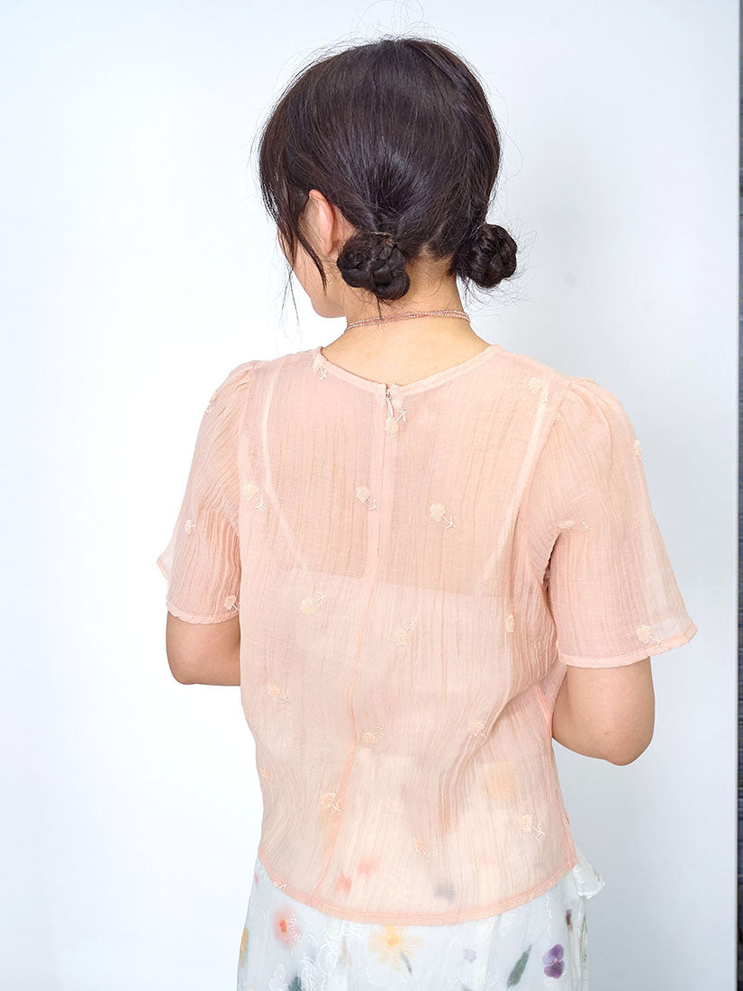 Flower Embroidered Wrinkle Top