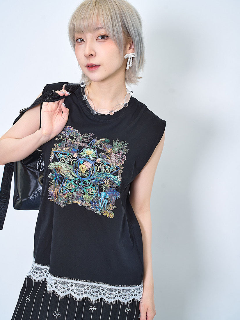 Rain Forest Star Printed Lace Hem Vest Tee (2 Colours)