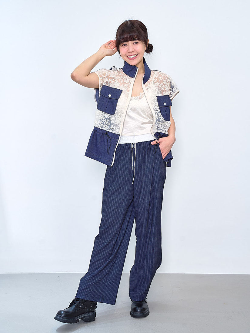 Embroidered Lace Panel Denim Zip Up Jacket