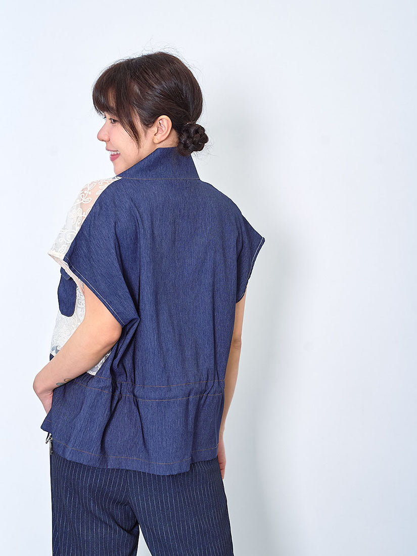 Embroidered Lace Panel Denim Zip Up Jacket