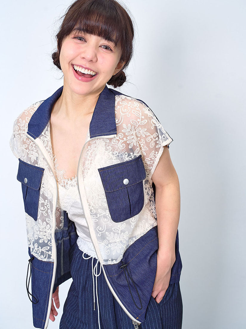 Embroidered Lace Panel Denim Zip Up Jacket