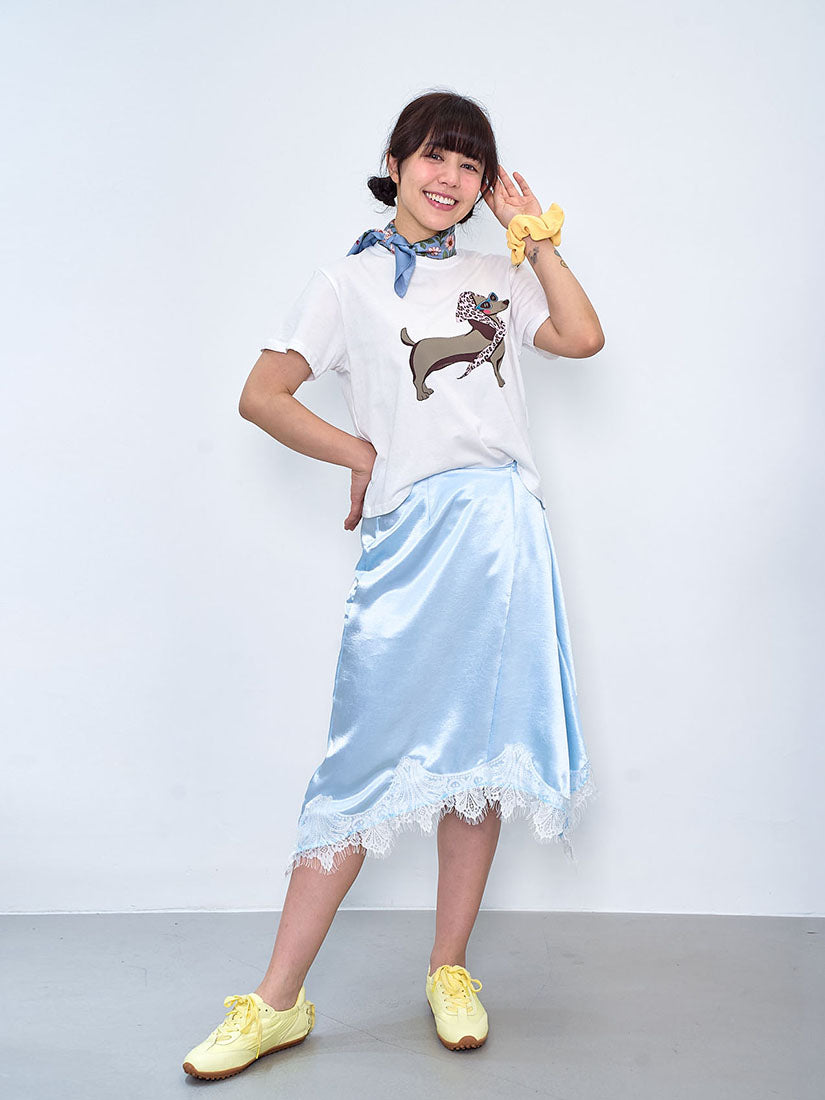 Asymmetric Lace Hem Satin Skirt (2 Colours)