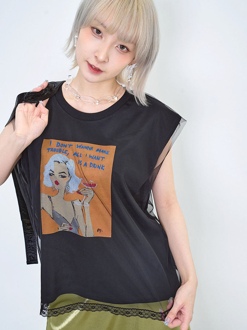 Mesh Cover Up Sleeveless Printed Tee (2 Colours)