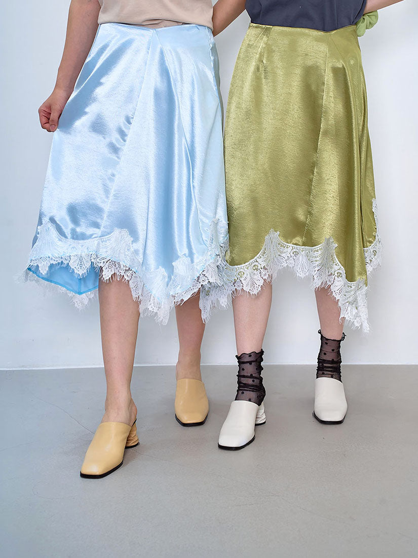 Asymmetric Lace Hem Satin Skirt (2 Colours)