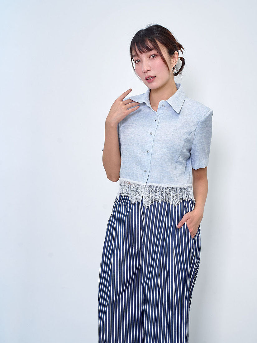 Lace Hem Tweed Crop Outer Shirt (2 Colours)