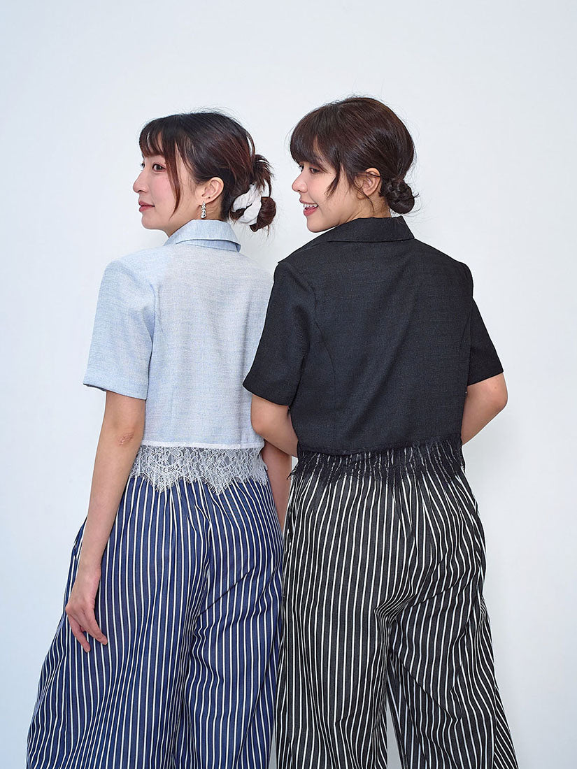 Lace Hem Tweed Crop Outer Shirt (2 Colours)